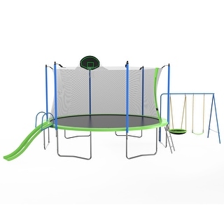 14FT Trampoline with Slide and Swings, ASTM Approved Large Recreational Trampoline with Basketball Hoop and Ladder,Outdoor Backy