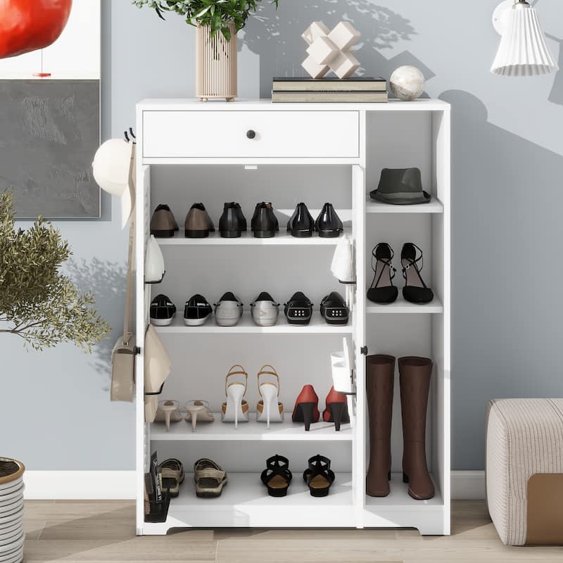 Shoe Rack Organizer with 2 Shutter Door,Entryway Narrow Shoe Storage with Adjustable Storage Shelf &Top Drawer,White