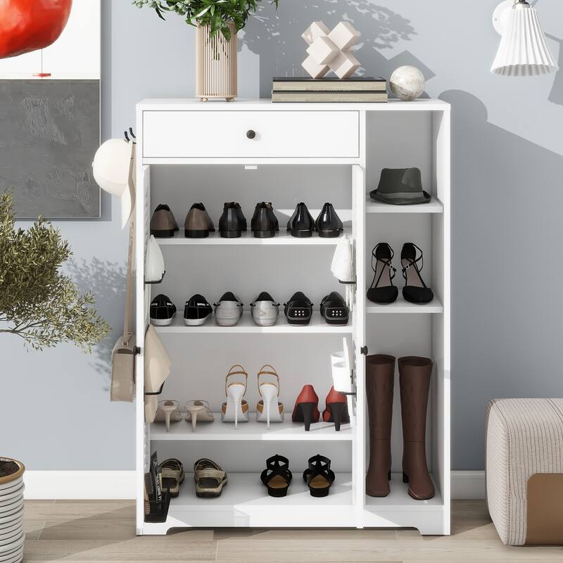 Slim Shoe Cabinet with 2 Shutter Door, Freestanding Storage Organizer, Narrow Shoe Rack with Adjustable Shelf &Top Drawer