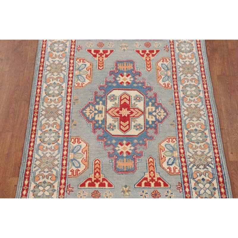 Geometric Blue Kazak Accent Rug Handmade Wool Carpet - 3'3" x 4'11"