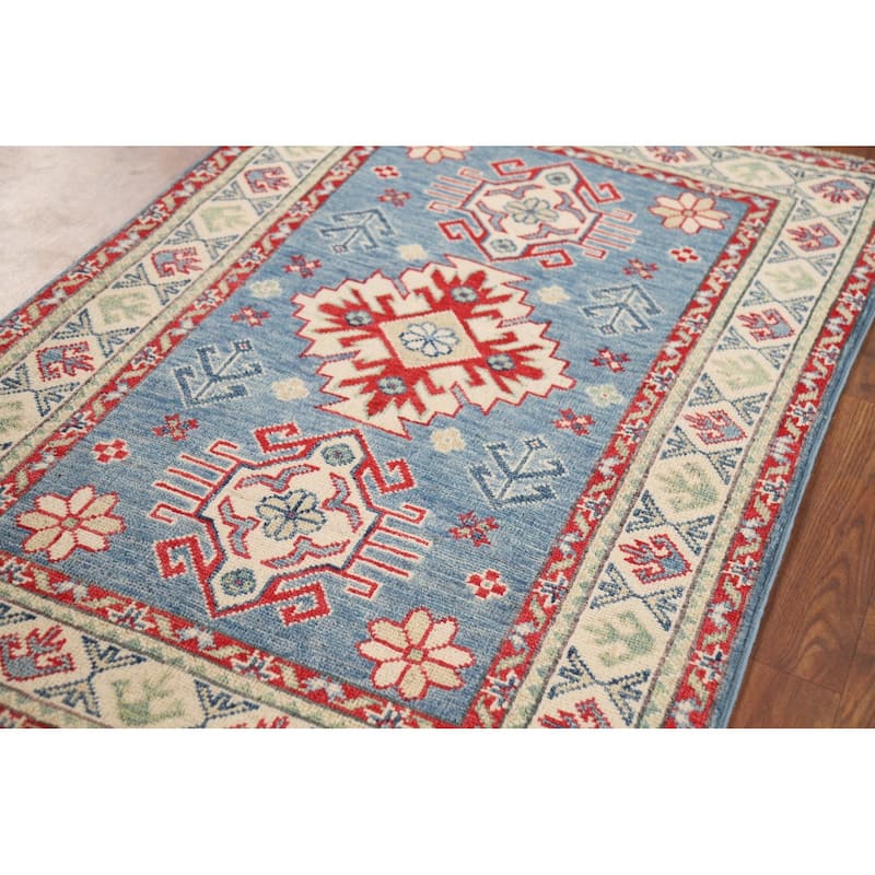 Light Blue Kazak Foyer Rug Hand-Knotted Geometric Wool Carpet - 2'9" x 4'1"