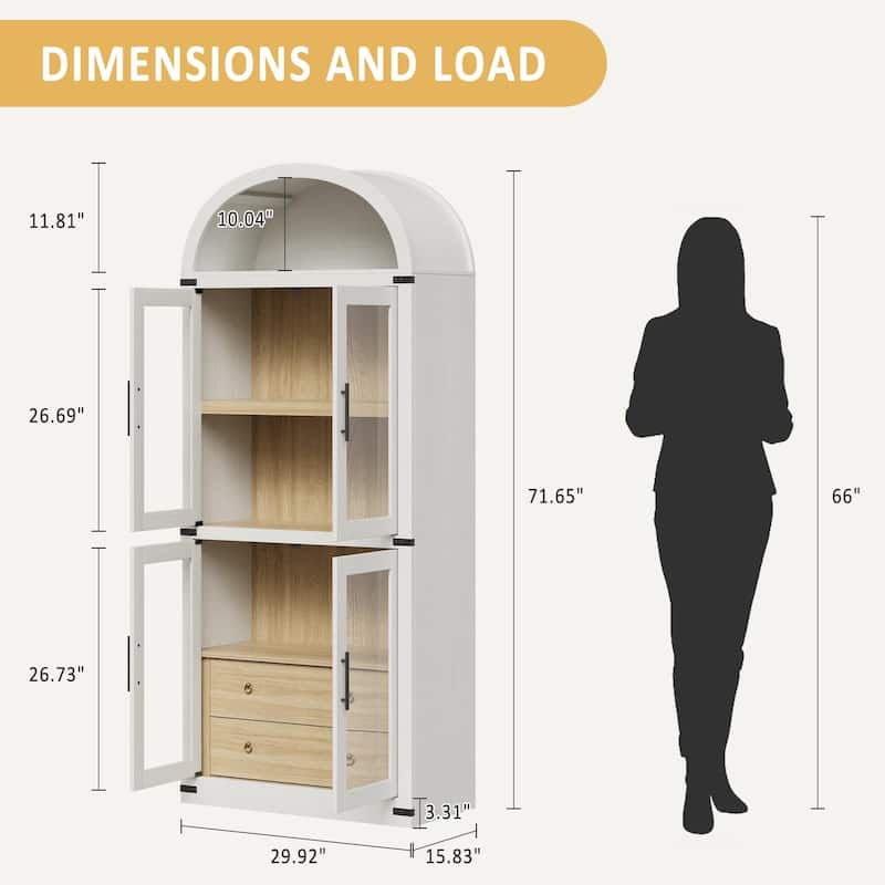 71" Tall Bookshelf, 4 Tier Book Shelf with 2 Storage Drawers, with Doors