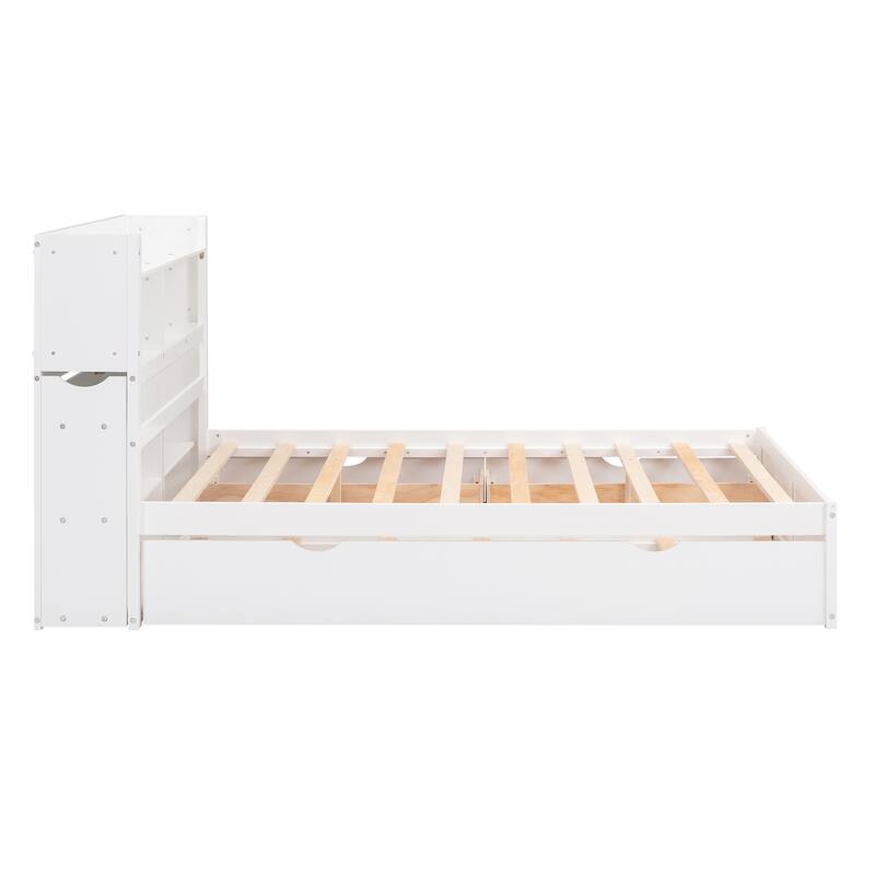 Full Size Storage Platform Bed with Pull Out Shelves, Twin Trundle, and 2 Drawers in White