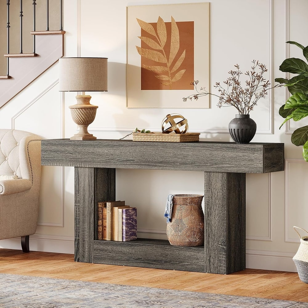 63 Inches Brown/ Gray Wood Console Table, Farmhouse Entryway Table for Hallway