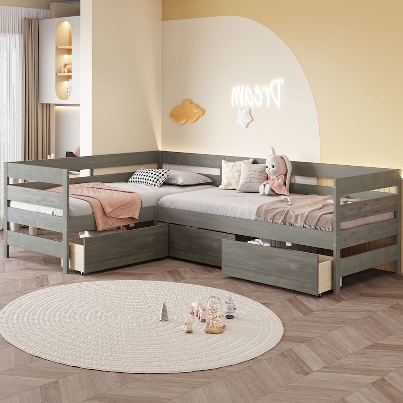 Twin Size L-Shaped Platform Bed With Three Storage Drawers