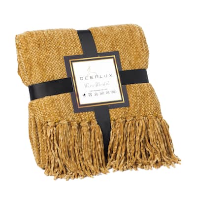 Decorative Chenille Throw Blanket with Fringe, Mustard