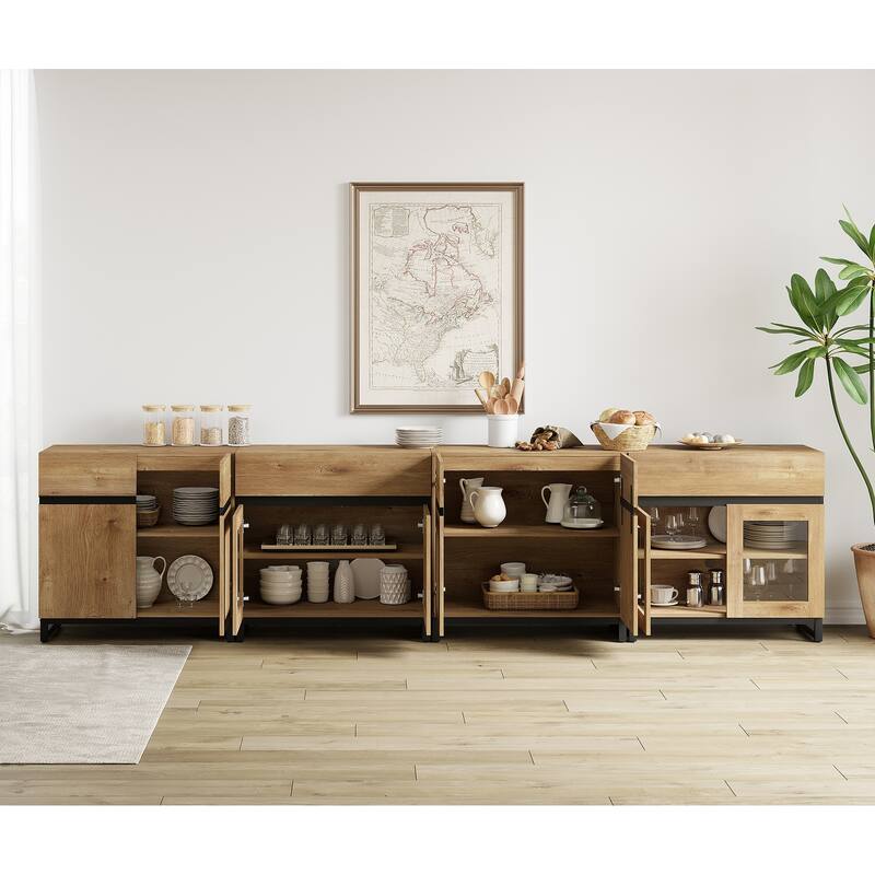 4-in-1 Modern Sideboard Buffet with Glass Doors, 2 Drawers & Metal Base, Adjustable Shelf for Kitchen Coffee Bar Storage