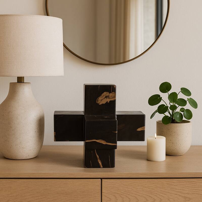 Wood Decorative Object with Geometric Design for Home Decor - 8" Brown - 8" x 8" x 8" - Brown/ Black - 8" x 8" x 8"