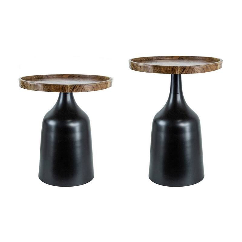 20, 17 Inch Side Table, Acacia Wood, Flared Pedestal Base, Aluminum, Black - 36.5 H x 30 W x 21 L - Black