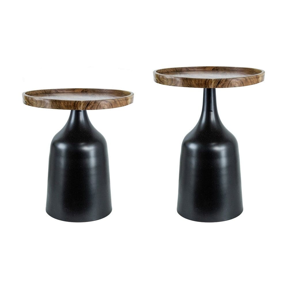 20, 17 Inch Side Table, Acacia Wood, Flared Pedestal Base, Aluminum, Black - 36.5 H x 30 W x 21 L