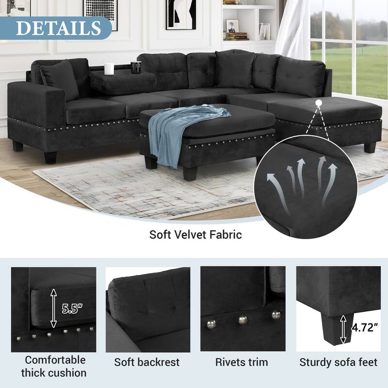 105.1" Velvet L-Shaped Sectional Sofa with Reversible Chaise, Storage Ottoman and Cup Holders