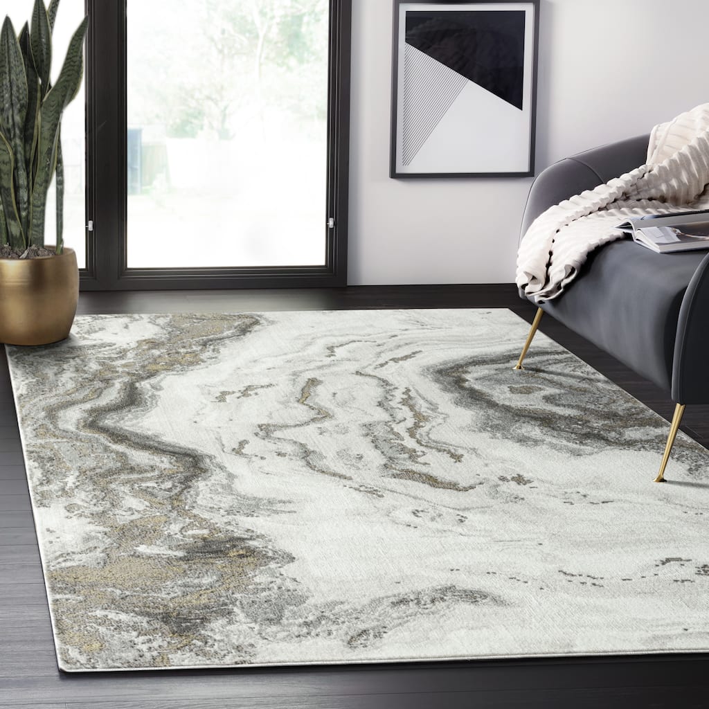 Abani Luna Contemporary White Distressed Marble Indoor Area Rug