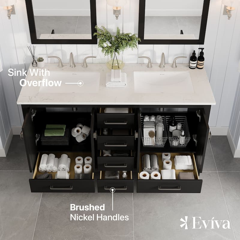 Eviva Aberdeen 60"W x 22"D Espresso Double Sink Bathroom Vanity with White Carrara Quartz Countertop