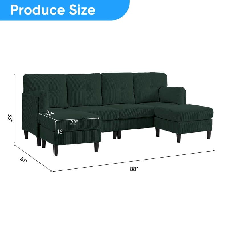 Mixoy Corduroy U-Shape Modular Convertible Sectional Sofa,Upholstered 4-Seater Sofa Couch with Movable Ottoman