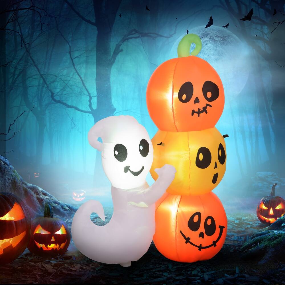 HOMCOM 5ft Inflatable Halloween Decoration Ghost and Pumpkin, Blow Up Outdoor LED Yard Display, Waterproof