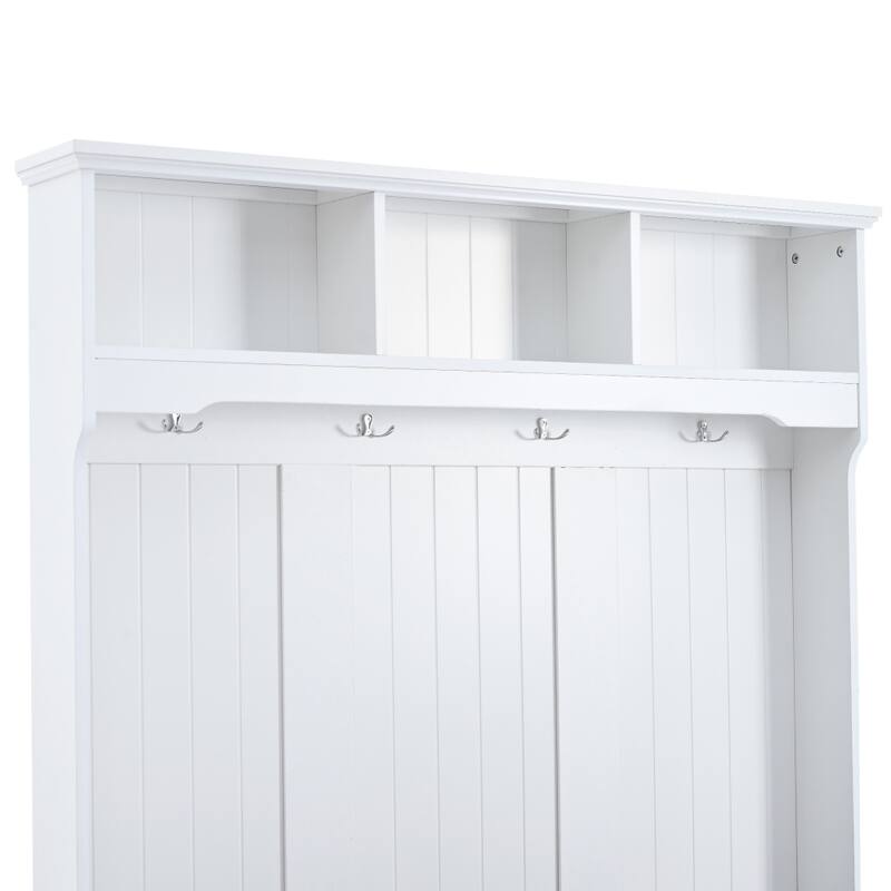 47.2'' Entryway Bench with Shutter-Shaped Doors, Coat Rack, Cushion and 4 Sturdy Hooks
