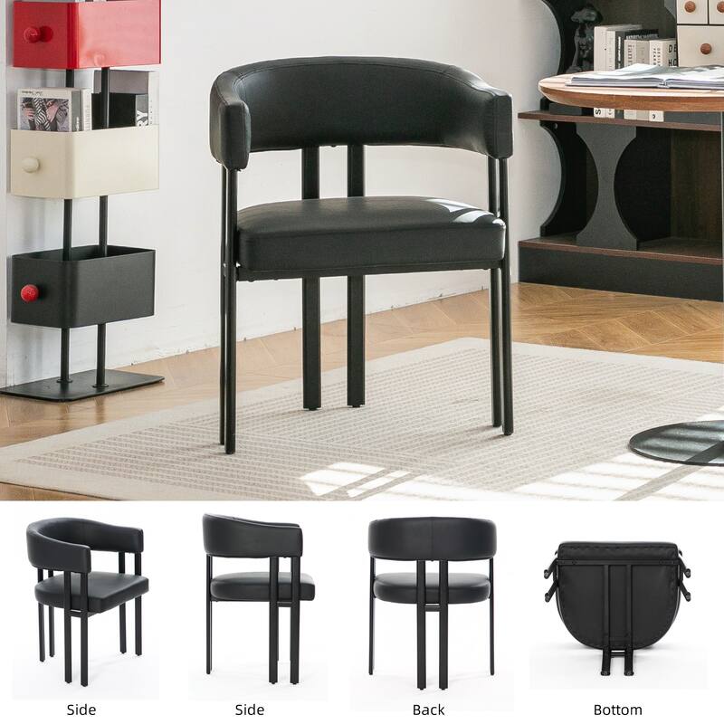Modern Dining Chairs Set of 2, Faux Leather Upholstered Barrel Chairs with Integrated Curved Back And Armrests, Metal Frame