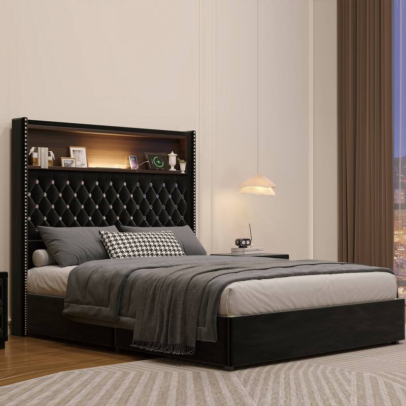 Roomfitters Velvet Tufted Platform Bed with Charging Ports, Tall Wingback Headboard with Rivet Trim and Shelf