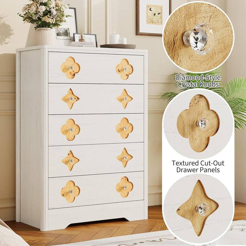Fluted 5 Drawer Tall Dresser for Bedroom, Living Room, Hallway
