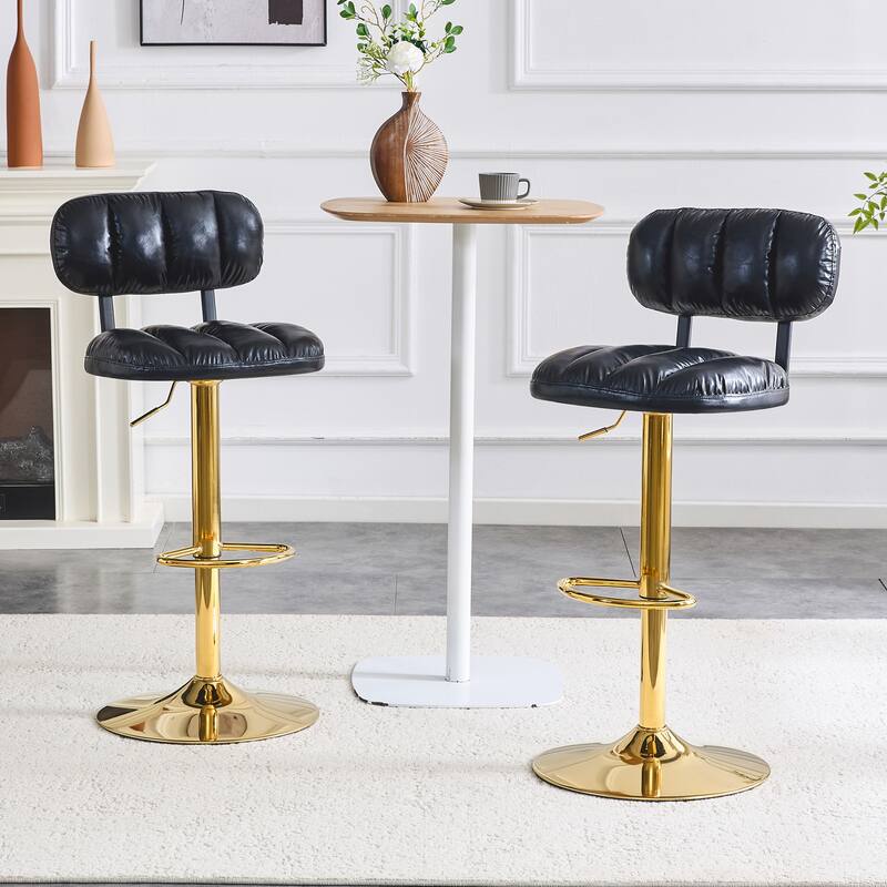 Set of 2 Adjustable Height Bar Stools, Black PU Leather with Gold Metal Base & Footrest