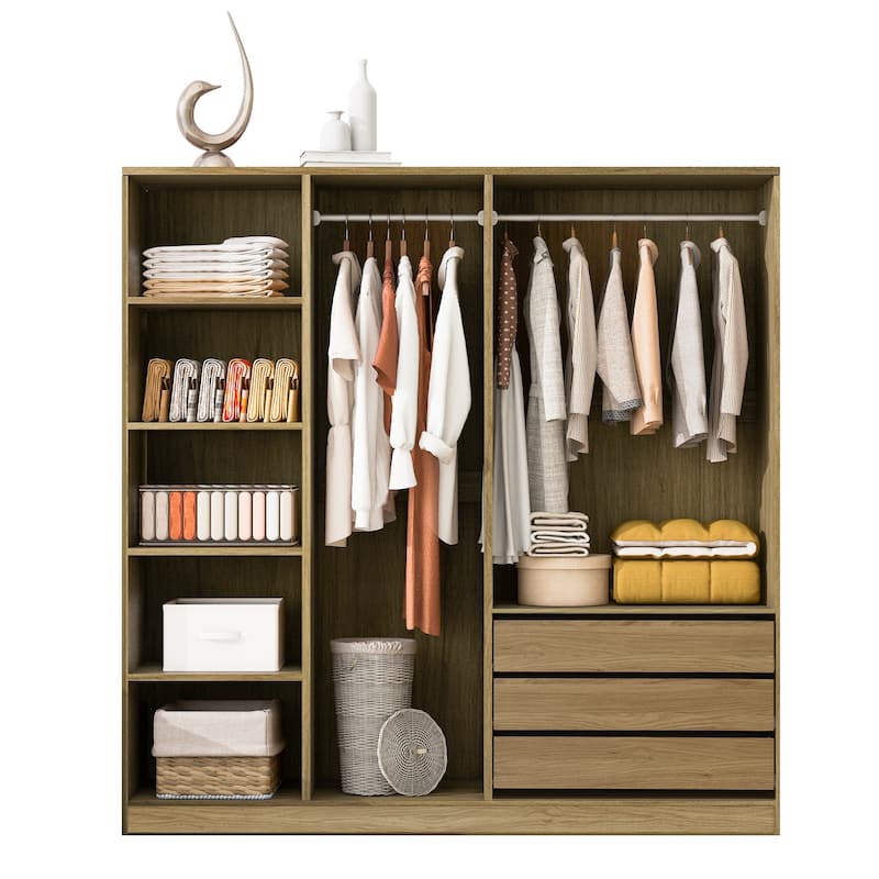 Open Armoire Wardrobe with 3 Drawers 67.70 Inch Freestanding Wardrobe with Clothes Rail Wooden Bedroom Storage Cabinet