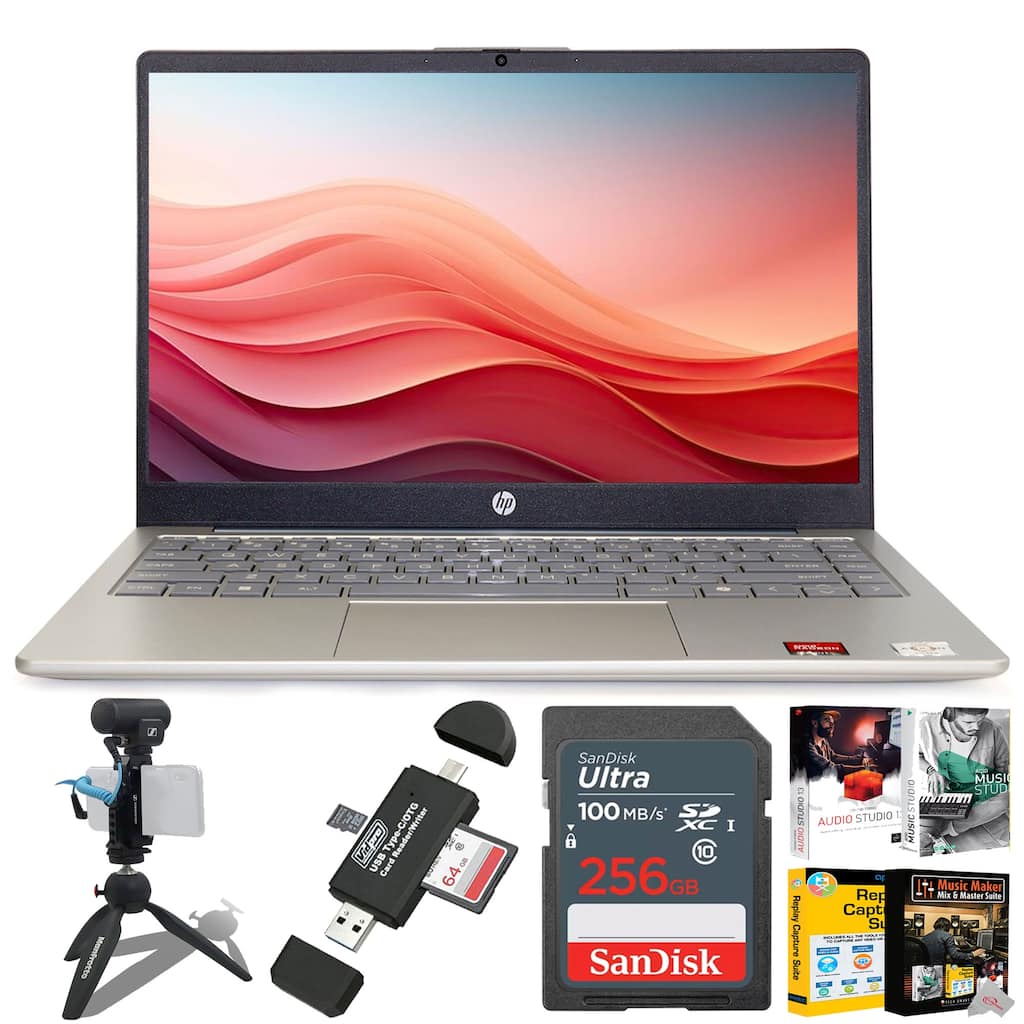 HP 14" HD Windows Laptop AMD Athlon 7120 Moonlight Blue + Sennheiser Pro MKE 200 Mobile Kit + 256GB Card, Card Reader, Software