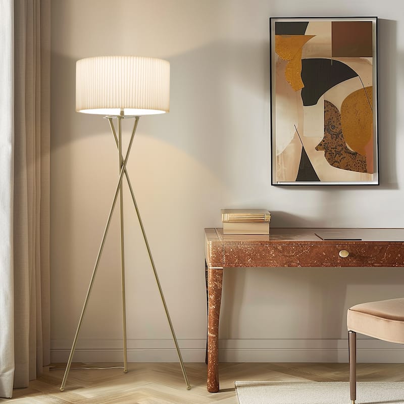 Brightech Jaxon 60 in. Antique Brass Tripod Super Bright LED Midcentury Modern Floor Lamp with White Fabric Drum Shade