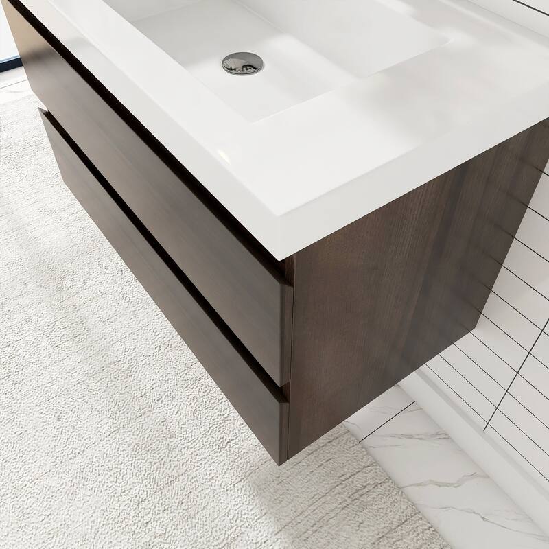 MDF Wall-Mounted Bathroom Vanity Set in Grey Oak with Integrated Culture Marble Sink