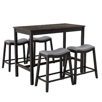 Gymax 5PCS Bar Table Set Counter Height Table & Upholstered Saddle