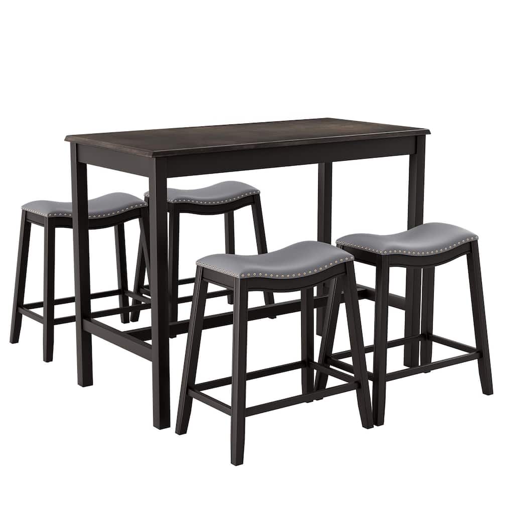 Gymax 5PCS Bar Table Set Counter Height Table & Upholstered Saddle