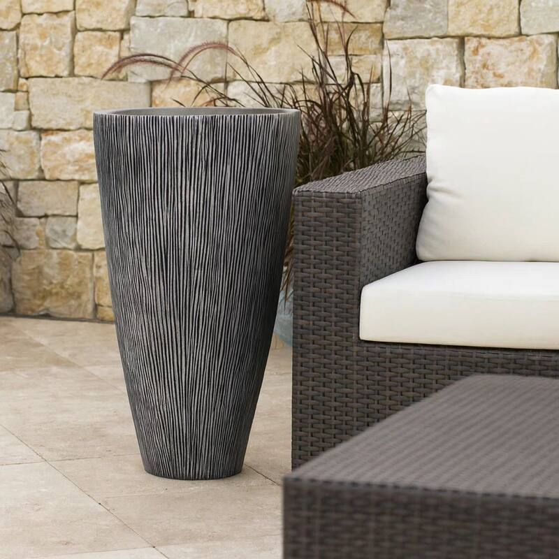 Hand Made Conical Ribbed Flower Vase Sandstone Planter, White