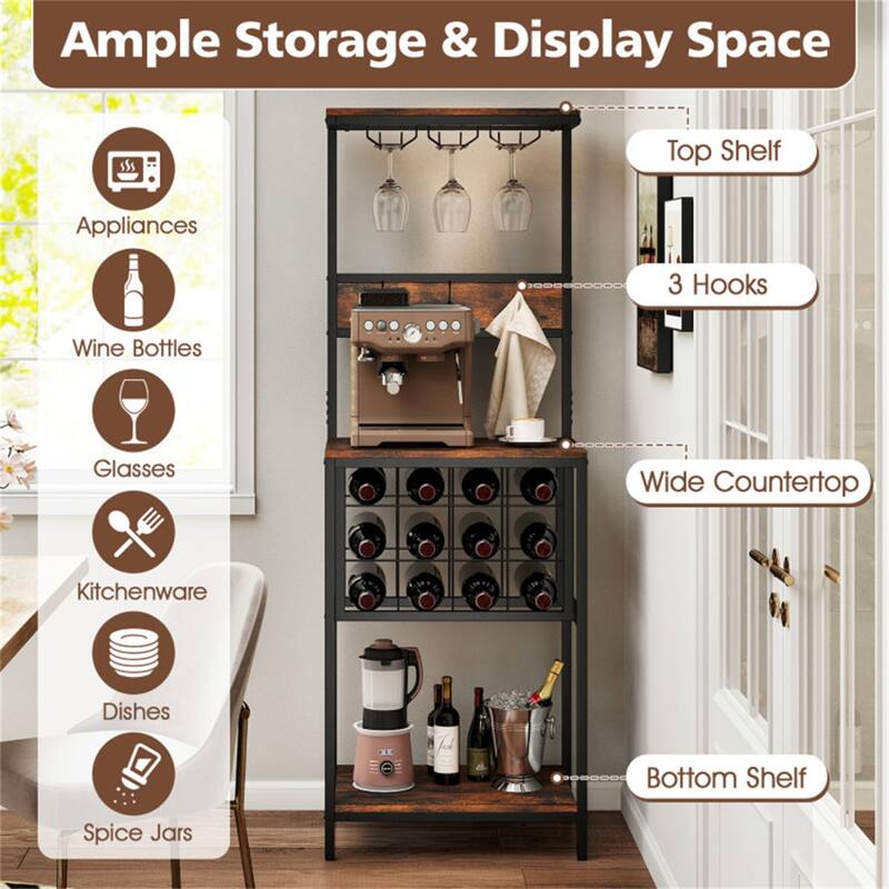 Freestanding Tall Wine Cabinet with Glass Holder and Storage Shelves for Kitchen or Dining Room - 21.5" x 14.5" x 61.5"