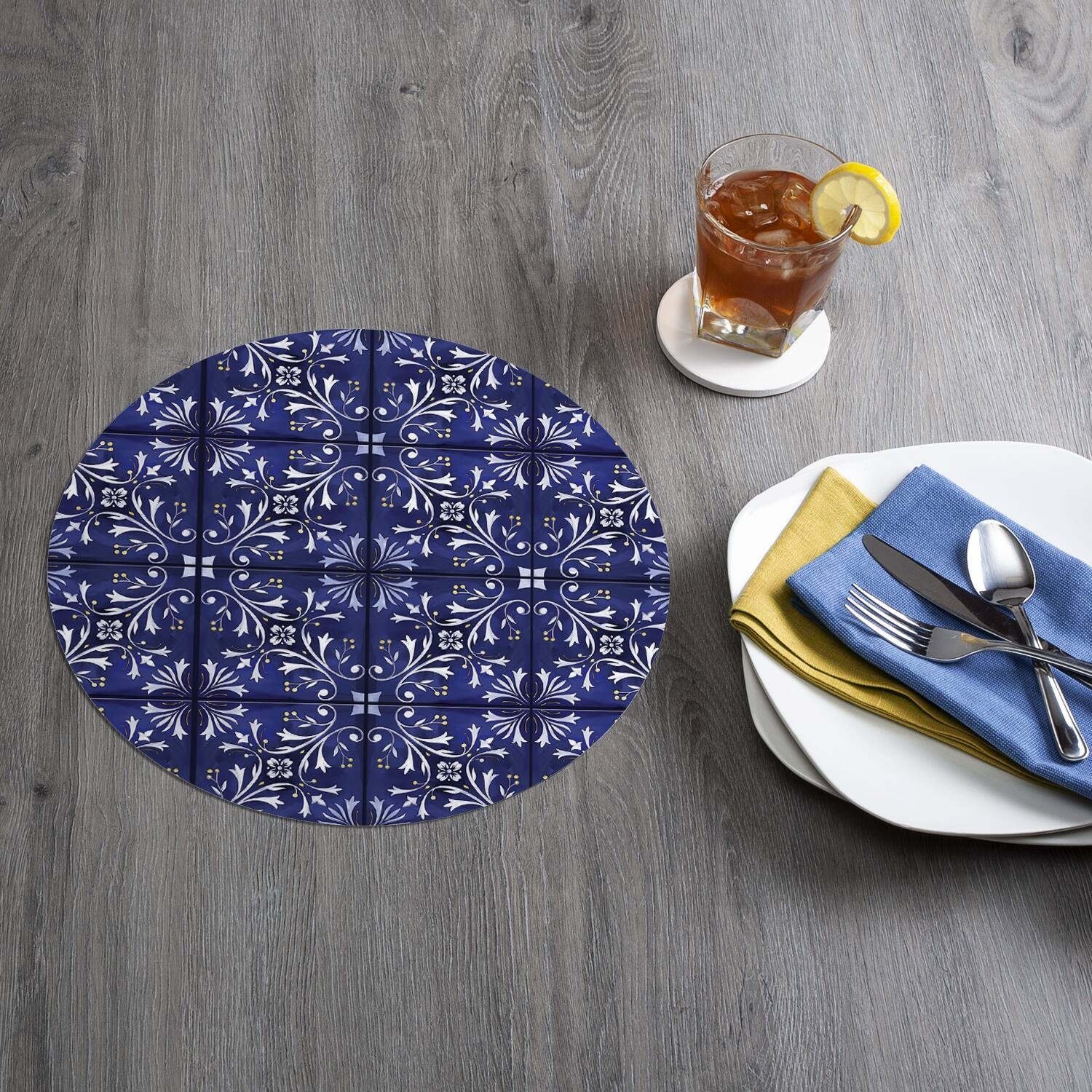 Reversible Wipeclean Round Shaped Placemats Set of 4 Shades Of Blue