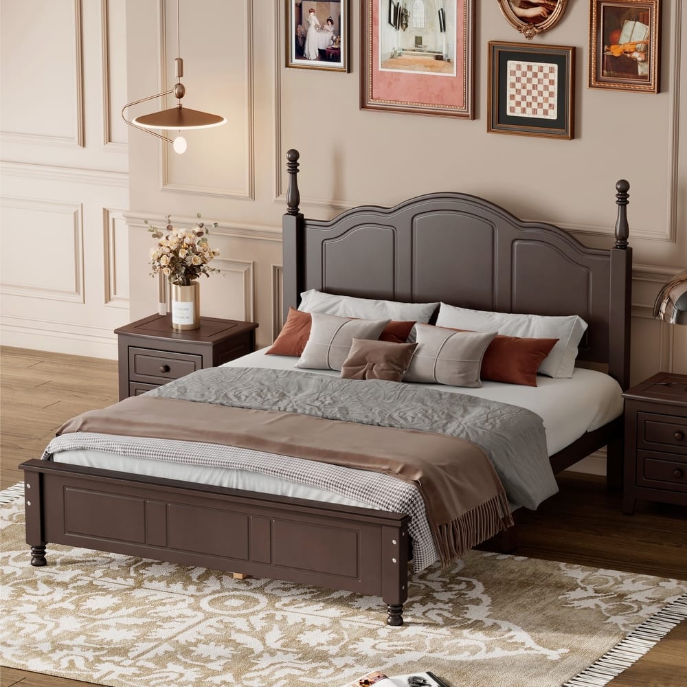 Wood Wave Headboard Bed Frame Platform Bed, Wooden Slat Support Low Profile Bed, No Box Spring Needed Panel Bed