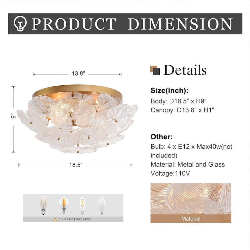 Emilia 4-Light Brushed Brass Flower Crystal Glass Flush Mount - 18.5 inches in diameter x 9 inches H