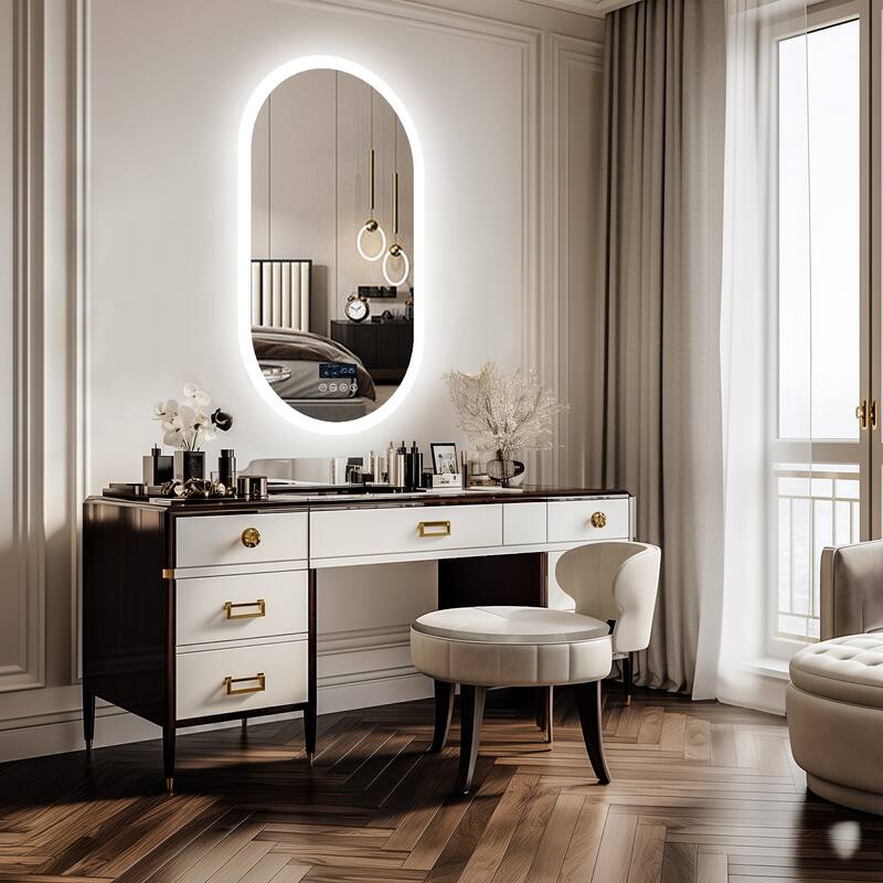 Smart LED Illuminated Fog-free Large Bathroom Mirror with Bluetooth Speakers, Digital Display