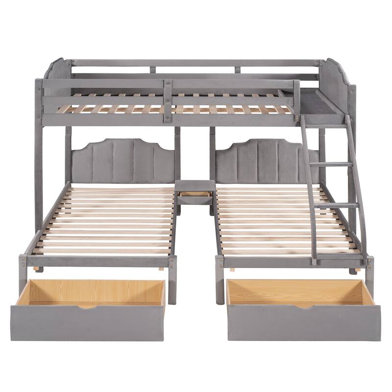 HomeRoots Gray Full Over Two Twins Solid Wood Bunk Bed With Drawers And Storage