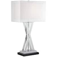Double Shade Chrome Table Lamp with Black Marble Riser - 28