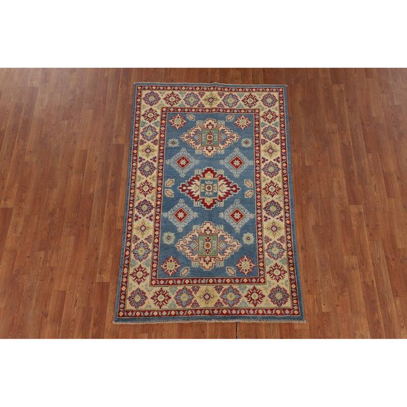 Geometric Kazak Area Rug Hand-Knotted Oriental Blue Wool Carpet - 3'7" x 5'9"