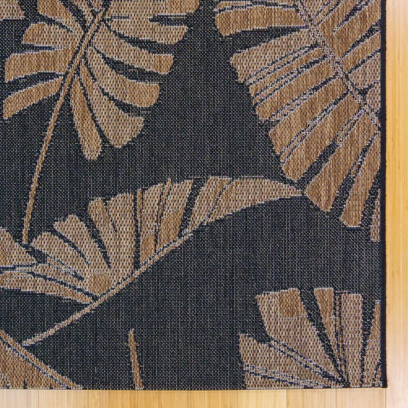 Reyn Spooner Kona Coast Lua'Ehu Black Big Tropical Leaf Flatweave Indoor/ Outdoor Area Rug Runner - 2'2" x 6'