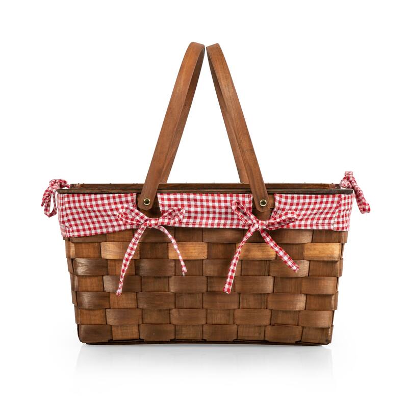 Picnic Time Kansas Handwoven Wood Picnic Basket, (Red & White Gingham Pattern)