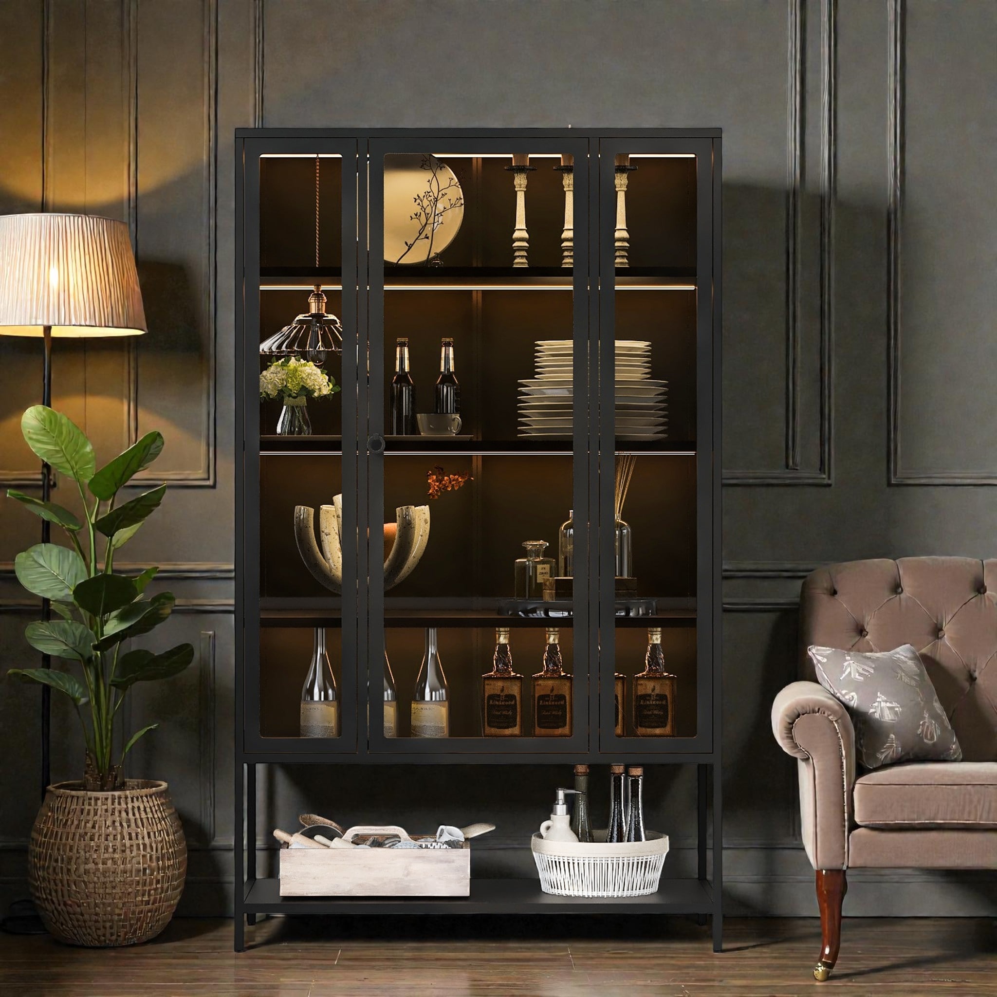 67.25 Inch Iron Display Cabinet with LED Lights, 3 Sided Glass Steel Curio Cabinet for Collectibles