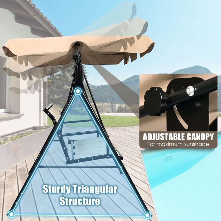 3 Person Steel Frame Patio Swing with Polyester Angle and Adjustable Canopy - Brown - 67" x 43.5" x 60.5" (L x W x H)