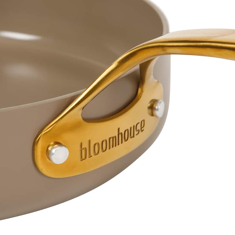 Bloomhouse Pots and Pans Heavy Duty Aluminum Premium PFA Free Ceramic Nonstick - Cappucino Cream with Gold Handle