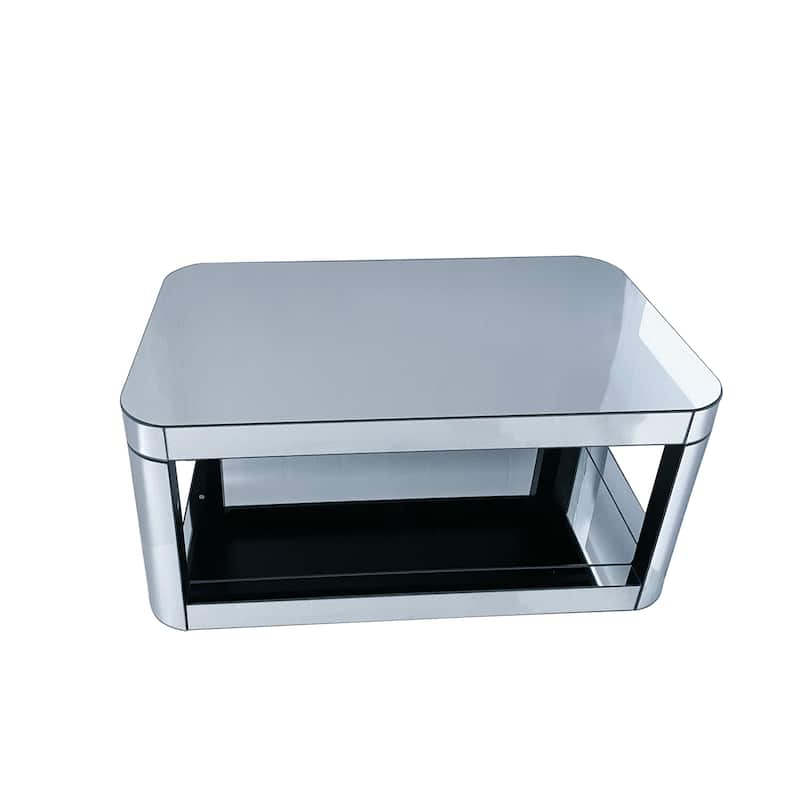 Modern Rectangular Center Table Floor-standing Mirrored Coffee Table Glam Silver Accent Table with Curved Edge and Open Shelf