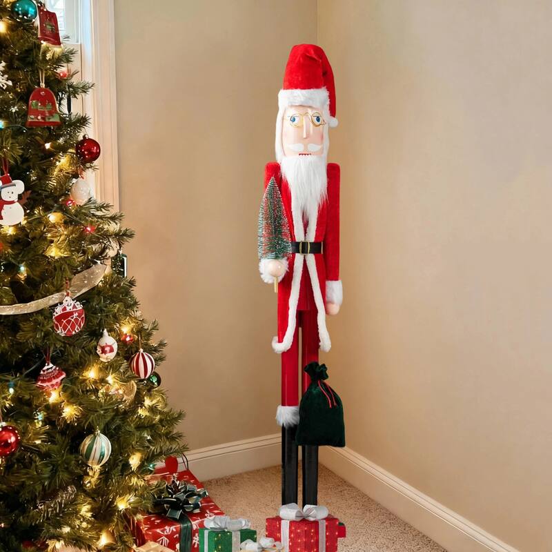 Glitzhome 42"H Wooden Santa Claus with Christmas Tree Nutcracker Figurine