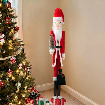 Glitzhome 42"H Wooden Santa Claus with Christmas Tree Nutcracker Figurine