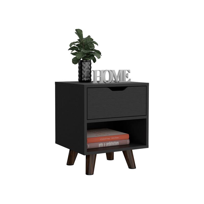Black Modern Nightstand with Drawer, Open Shelf, and Wooden Legs
