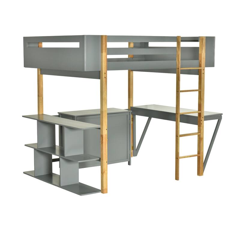 Solid Wood Loft Bed with Built-in Storage and Foldable Desk