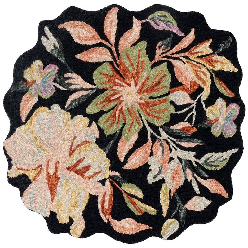 SAFAVIEH Handmade Jardin Vanya Floral Wool Rug - Black/Green - 6' Round Scallop
